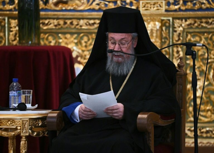 Cypriot Orthodox Archbishop Chrysostomos II, pictured December 3, 2021 during a visit by Roman Catholic Pope Francis, said Russian President Vladimir Putin "is not behaving like a Christian" in Ukraine