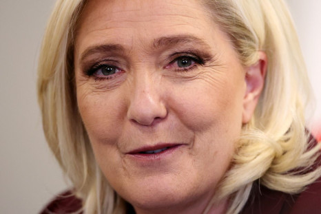 Marine Le Pen, French far-right National Rally (Rassemblement National) party candidate for the 2022 French presidential election, speaks during a news conference on democracy and the exercise of power in Vernon, France, April 12, 2022. 