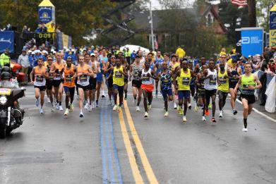 Oct 11, 2021; Boston, MA, USA; General view of the elite runners at the start of the 2021 Boston Marathon. Mandatory Credit: Brian Fluharty-USA TODAY Sports/