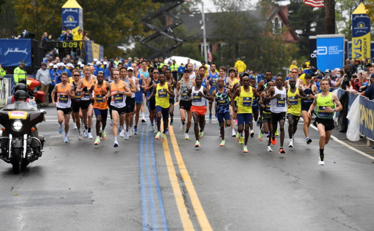 Oct 11, 2021; Boston, MA, USA; General view of the elite runners at the start of the 2021 Boston Marathon. Mandatory Credit: Brian Fluharty-USA TODAY Sports/