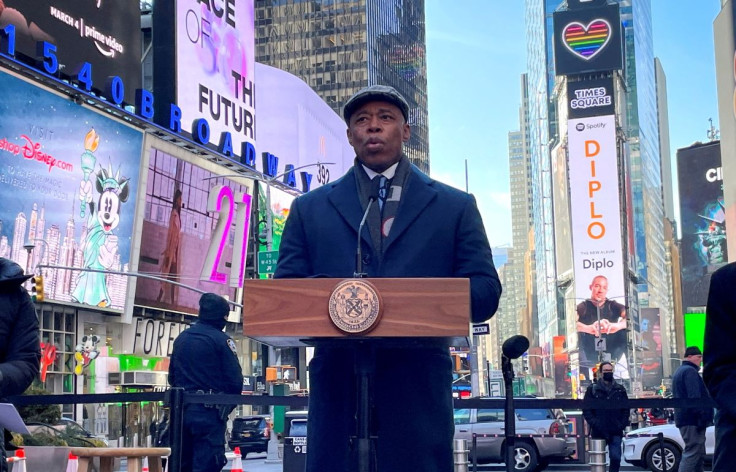 New York City Mayor Eric Adams makes an announcement at a news conference in Times Square in Manhattan in New York City, New York, U.S., March 4, 2022. 