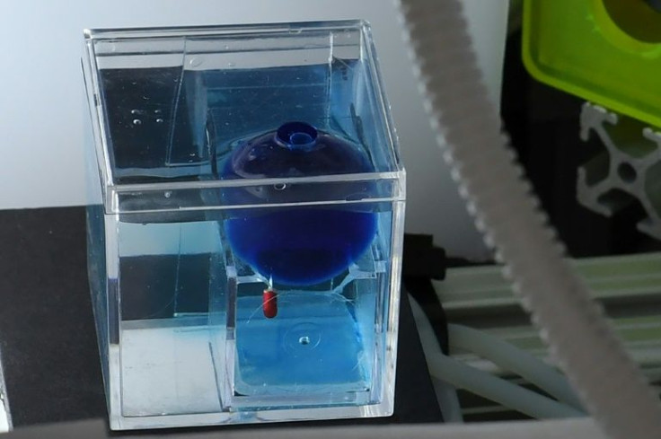 A simulation shows how a remote-controlled micro robot (with red body) could be used to puncture a cyst (represented by blue ball) in a child's brain