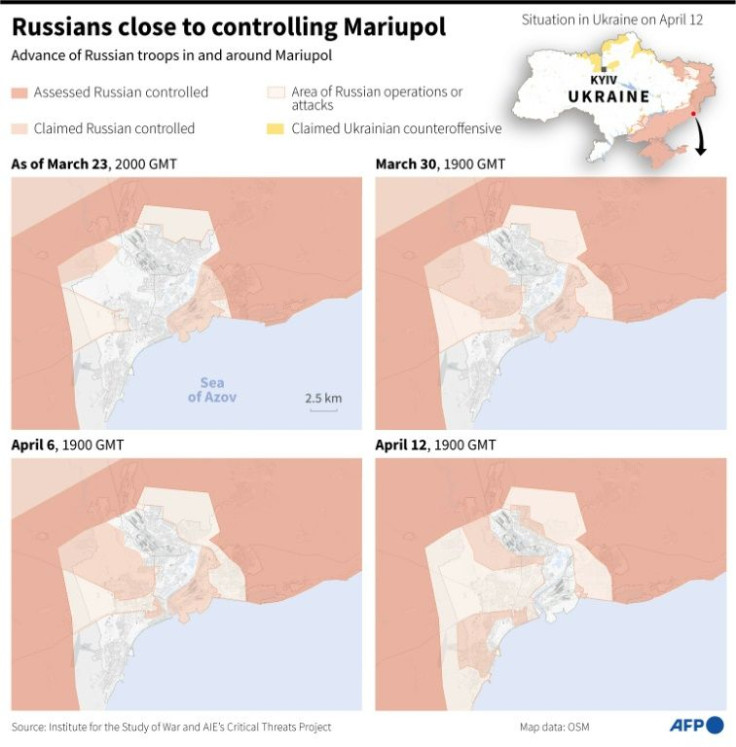 Russian control around Mariupol as of March 23 and 30 and April 6 and 12.