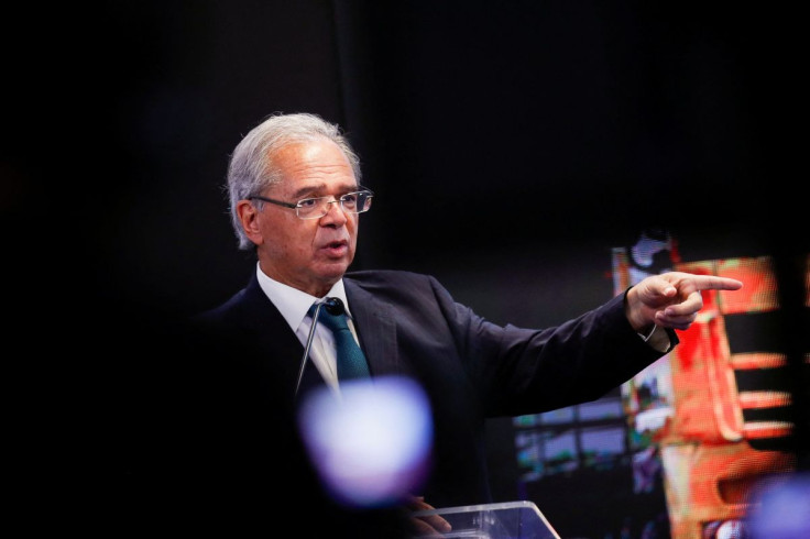 Brazil's Economy Minister Paulo Guedes speaks during a Brazil's Banco do Brasil credit launching ceremony for truck drivers in Brasilia, Brazil, April 7, 2022.
