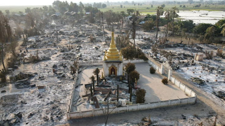 An aerial view of Bin village of the Mingin Township in Sagaing region after villagers say it was set ablaze by the Myanmar military, in Myanmar February 3, 2022. Picture taken February 3, 2022. Picture taken with a drone.