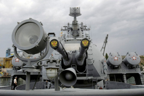 Russia's coat of arms, the double headed eagle, is seen on covers of the missile cruiser Moskva in the Ukrainian Black Sea port of Sevastopol September 16, 2008. 