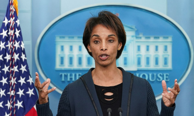 Chair of the Council of Economic Advisers Cecilia Rouse speaks about U.S. President Joe Biden's budget plan for fiscal year 2023 during a press briefing at the White House in Washington, U.S., March 28, 2022. 