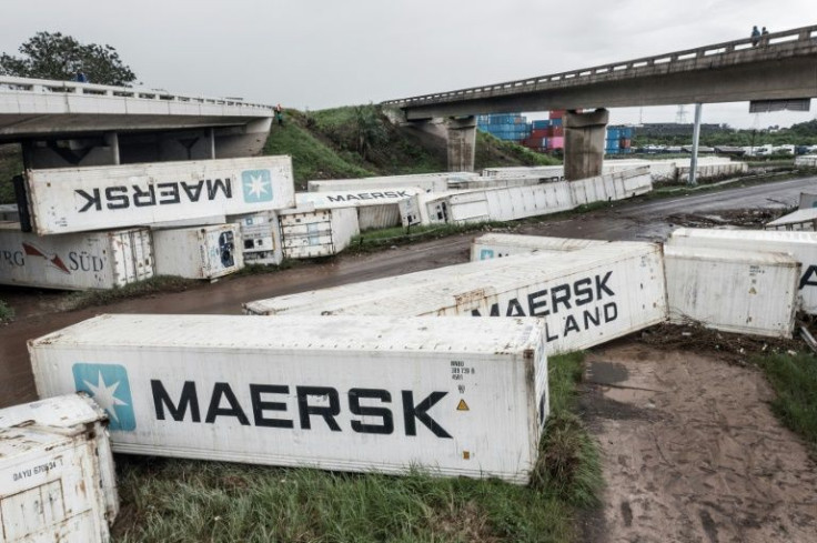 High winds blew over containers at a storage facility near the port of Durban, a regional gateway