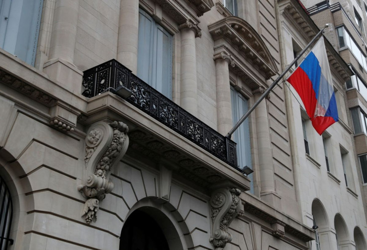 The Russian flag flutters on the Consulate-General of the Russian Federation in New York City, U.S., April 15, 2021.