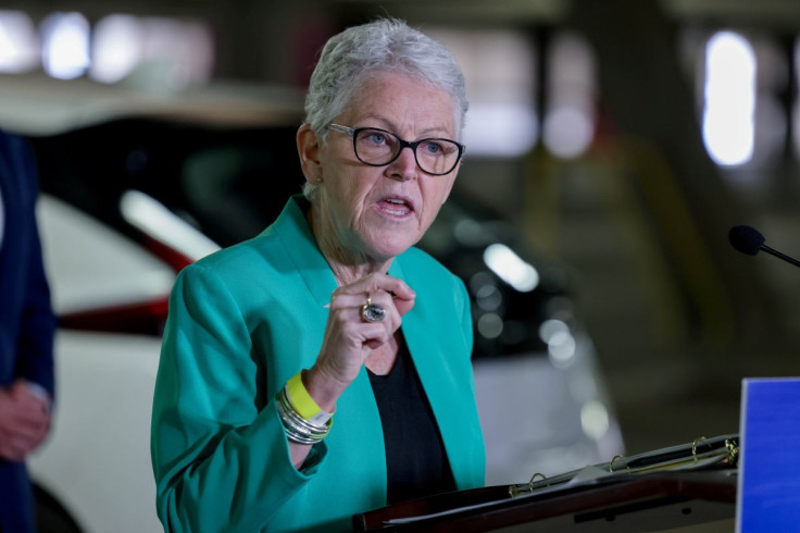 White House Climate Advisor Gina McCarthy holds a news conference in the parking garage at Union Station in front of new EV charging stations in Washington, U.S., April 22, 2021.