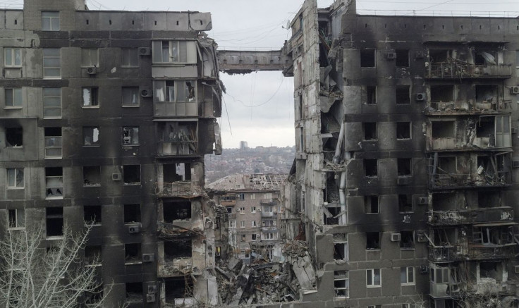A view shows a residential building destroyed in the course of Ukraine-Russia conflict in the southern port city of Mariupol, Ukraine April 14, 2022. Picture taken with a drone. 