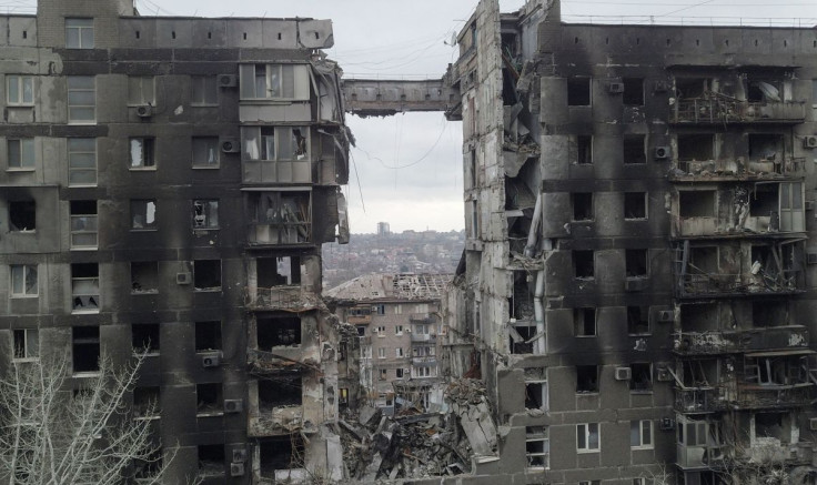 A view shows a residential building destroyed in the course of Ukraine-Russia conflict in the southern port city of Mariupol, Ukraine April 14, 2022. Picture taken with a drone.