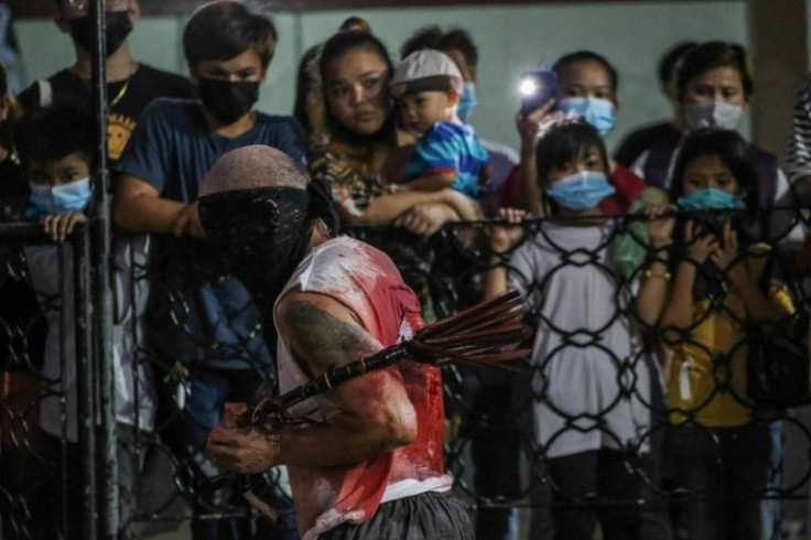 Before the grisly flogging begins, the men's bare backs are deliberately punctured to make them bleed
