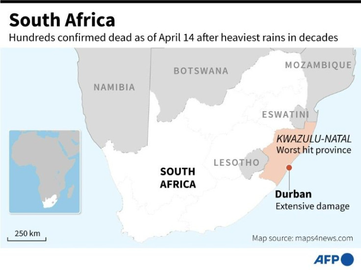 Map of South Africa locating KwaZulu-Natal province, where hundreds have been confirmed dead as of April 14, following the heaviest rains in decades.