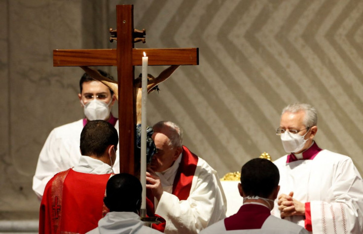 Pope Francis leads the Good Friday Passion of the Lord service in Saint Peter's Basilica at the Vatican, April 15, 2022. 