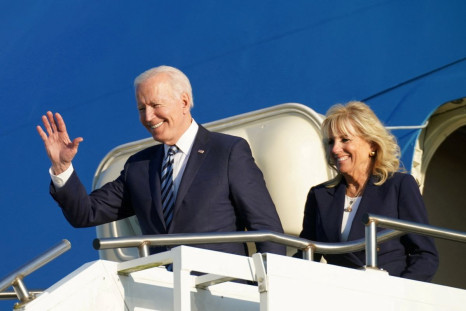 U.S. President Joe Biden and first lady Jill Biden disembark from Air Force One as they arrive at RAF Mildenhall ahead of the G7 Summit, near Mildenhall, Britain June 9, 2021. 