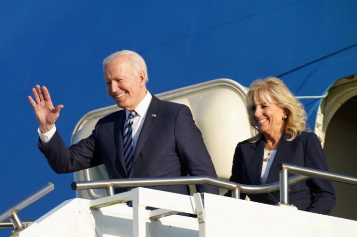 U.S. President Joe Biden and first lady Jill Biden disembark from Air Force One as they arrive at RAF Mildenhall ahead of the G7 Summit, near Mildenhall, Britain June 9, 2021. 