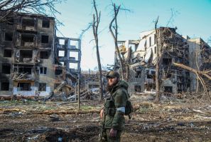 A service member from Chechen Republic looks on during fighting in Ukraine-Russia conflict in the city of Mariupol, Ukraine April 15, 2022.  