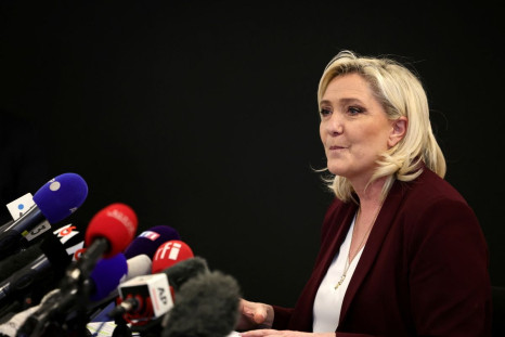 FILE PHOTO - Marine Le Pen, French far-right National Rally (Rassemblement National) party candidate for the 2022 French presidential election, speaks during a news conference on democracy and the exercise of power in Vernon, France, April 12, 2022. 