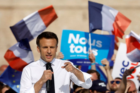French President Emmanuel Macron, candidate for the re-election in the 2022 French presidential election, speaks during a campaign rally, in Marseille, France, April 16, 2022. 