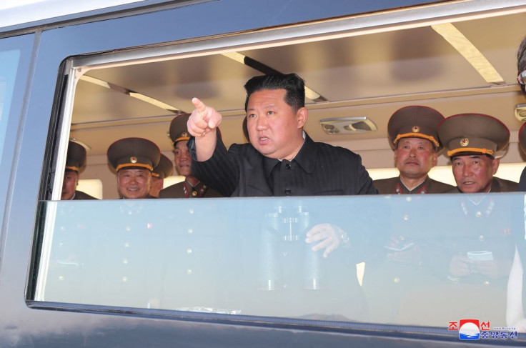 North Korean leader Kim Jong Un gestures as he watches the test-firing of a new-type tactical guided weapon according to state media, North Korea, in this undated photo released on April 16, 2022 by North Korea's Korean Central News Agency (KCNA).    KCNA