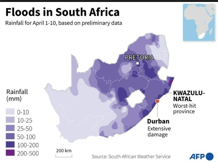Map of South Africa, showing areas that had the most rainfall in recent days