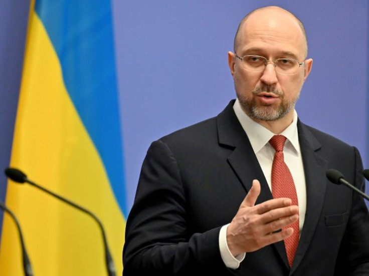 Ukrainian Prime Minister Denys Shmyhal, seen at a news conference in Kyiv on February 1, 2022, has said Ukrainian forces in Mariupol will fight 'to the end'