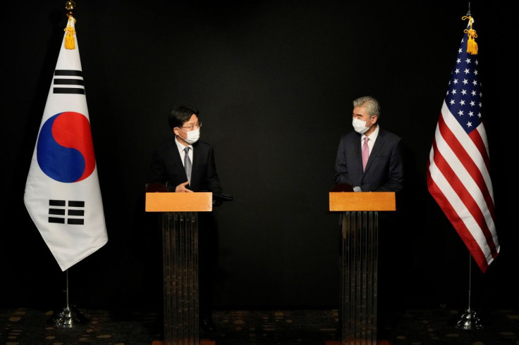 U.S. Special Representative for North Korea, Sung Kim and Noh Kyu-duk, South Korea's Special Representative for Korean Peninsula Peace and Security Affairs, attend a briefing after their meeting at a hotel in Seoul, South Korea October  24, 2021. Ahn Youn