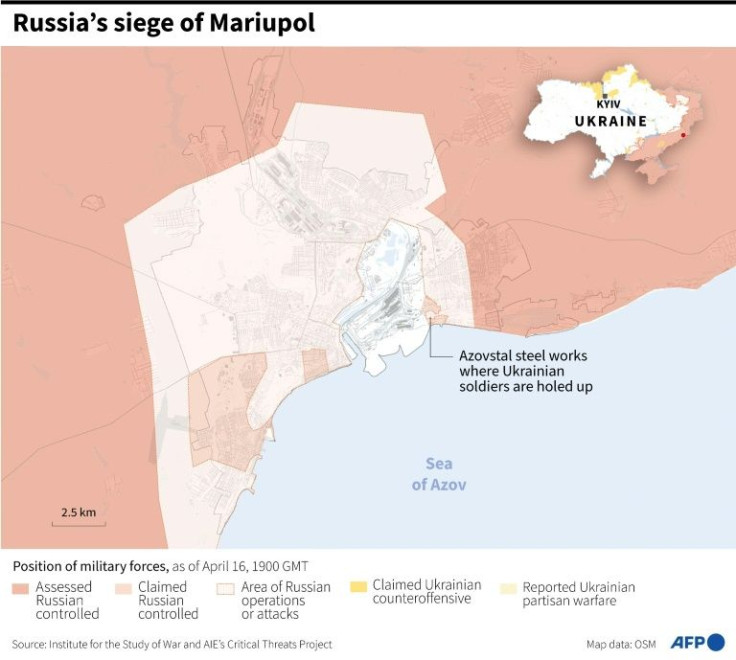 Map locating advances by Russian forces in Mariupol as of April 16 at 1900 GMT