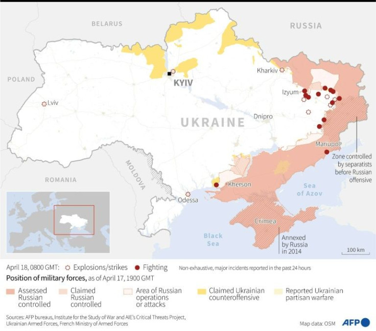 Graphic showing position of military forces and main strikes and areas of fighting in Ukraine as of April 17, 1900 GMT