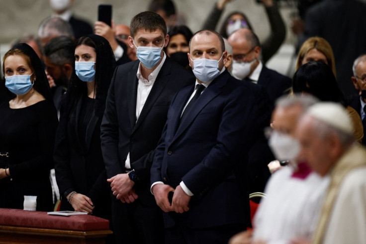 Mayor of Ukrainian city of Melitopol Ivan Fedorov along with members of Ukrainian parliament Maria Mezentseva, Olena Khomenko and Rustem Umerov attend the Easter Vigil in Saint Peter's Basilica at the Vatican, April 16, 2022. Picture taken April 16, 2022.