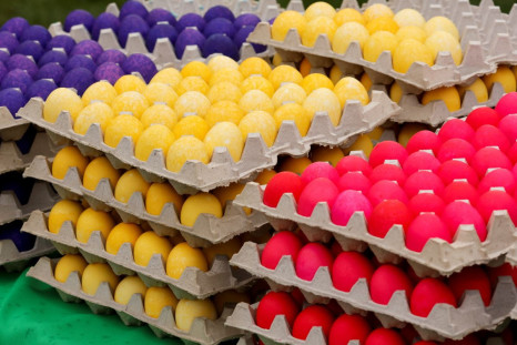 Trays of coloured Easter eggs are displayed during the annual Easter Egg Roll on the South Lawn of the White House in Washington, U.S. April 18, 2022. 