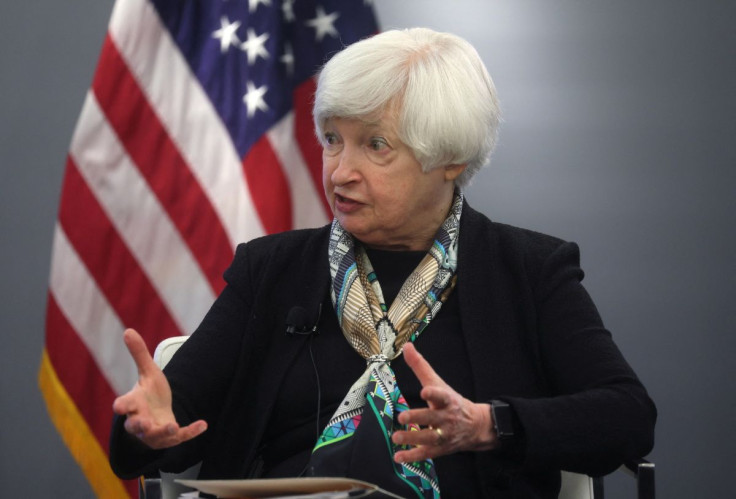 U.S. Treasury Secretary Janet Yellen answers questions about the current and future state of the U.S. and global economy at the Atlantic Council in Washington, U.S., April 13, 2022. 