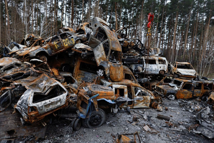 Cars destroyed amid Russia's attack on Ukraine are seen, after they were collected from different places, in Irpin, Kyiv region, Ukraine April 18, 2022.  