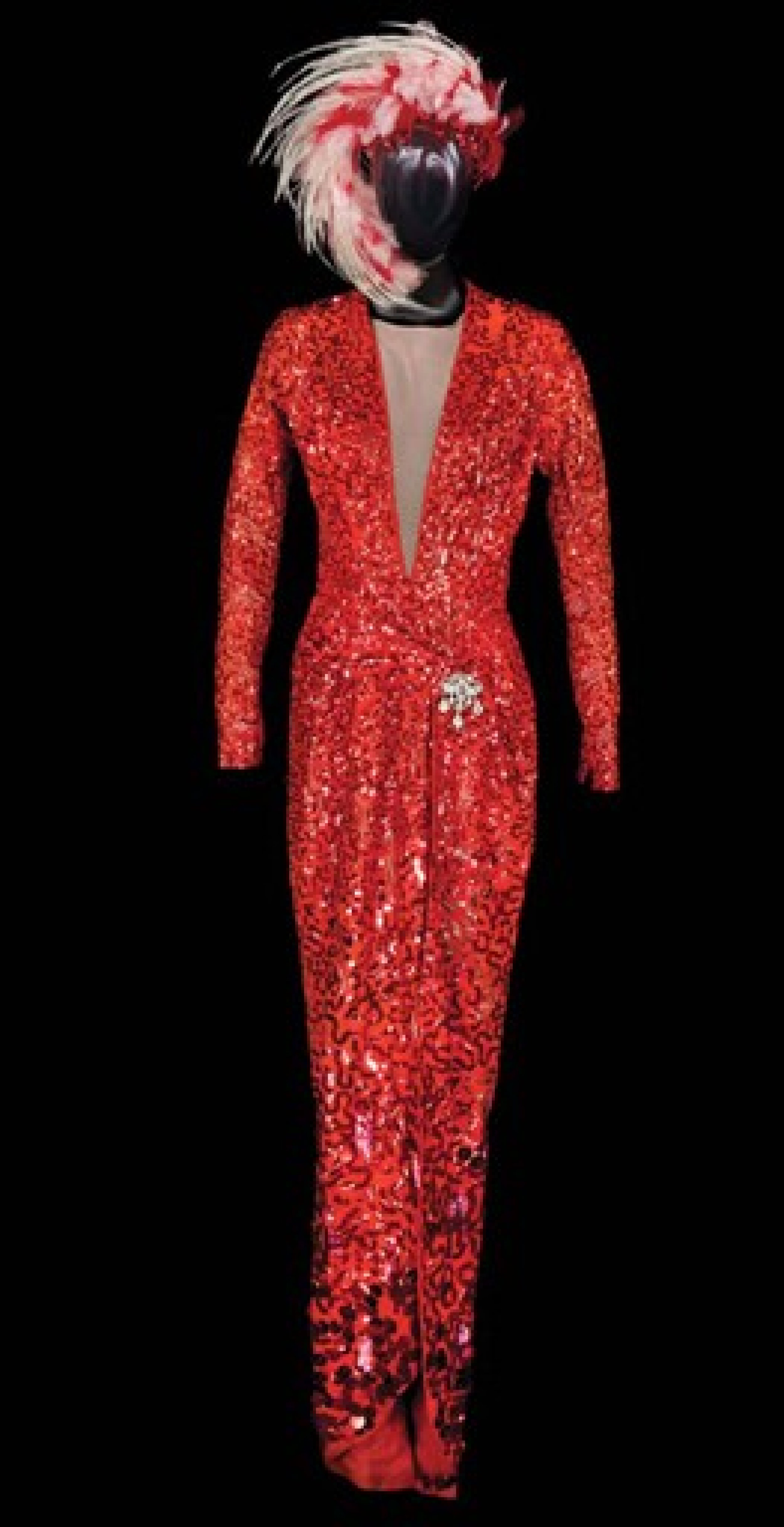 The red sequined dress and feathered headdress worn by Monroe in Gentlemen Prefer Blondes.