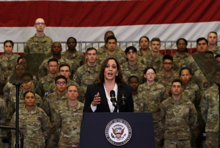 U.S. Vice President Kamala Harris speaks during her visit to Vandenberg Space Force Base in Lompoc, California, U.S. April 18, 2022. 