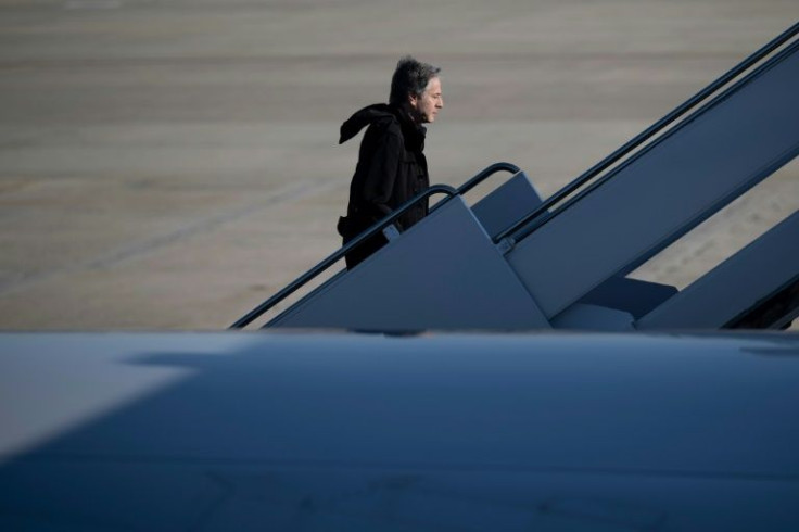 US Secretary of State Antony Blinken boards his plane for an April 19-20, 2022 trip to Panama for a multinational conference on migration, as undocumented crossings into the United States soar