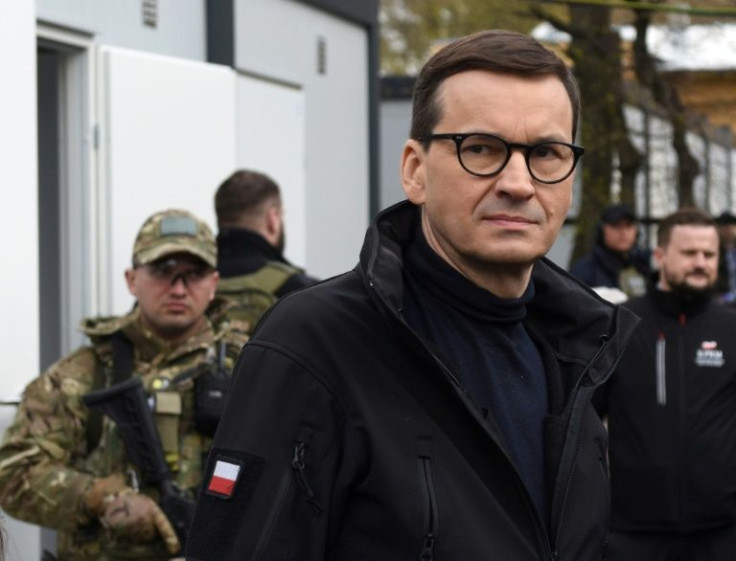 Polish Prime Minister Mateusz Morawiecki visiting  the new prefab settlement for displaced people in Lviv on Tuesday