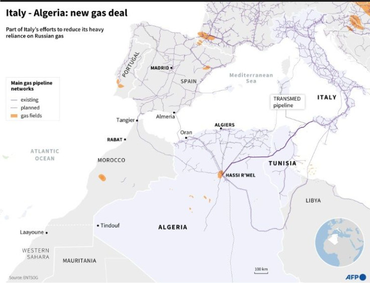 Map showing the gas pipelines linking Algeria and Italy which have signed a new gas deal to reduce Italy's heavy reliance on Russian gas