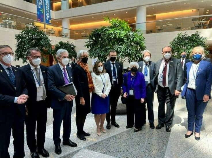 A handout photograph released by Canada's government shows several finance ministers after a walkout from a G20 meeting to protest Russian officials addressing the session