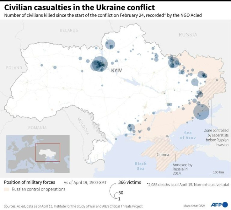 Map of Ukraine showing civilian casualties recorded by the NGO Acled from the beginning of the conflict on February 24.