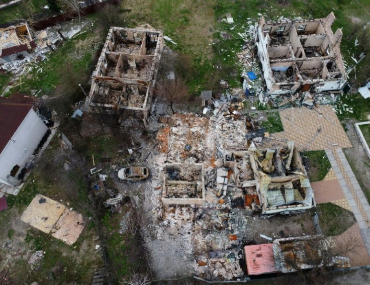 A destroyed residential area in the village of Moshchun, northwest of Kyiv, on April 20, 2022
