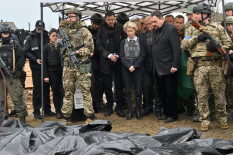 EU chief Ursula von der Leyen visits a mass grave in Bucha on April 8, 2022