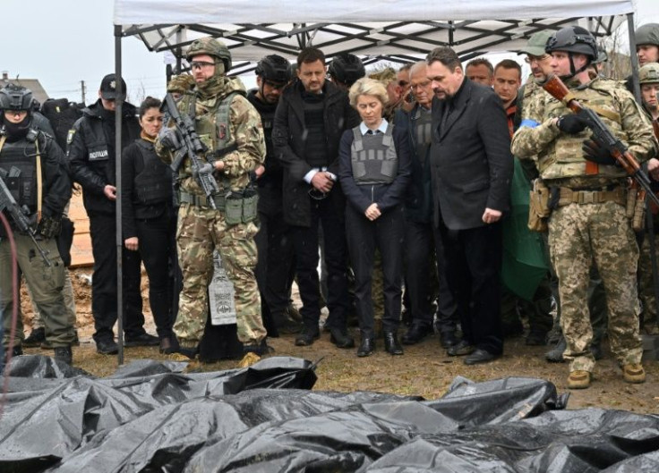 EU chief Ursula von der Leyen visits a mass grave in Bucha on April 8, 2022