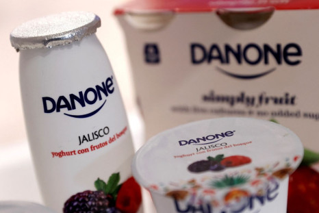 Company logos are seen on products displayed before French food group Danone 2019 annual results presentation in Paris, France, February 26, 2020. 
