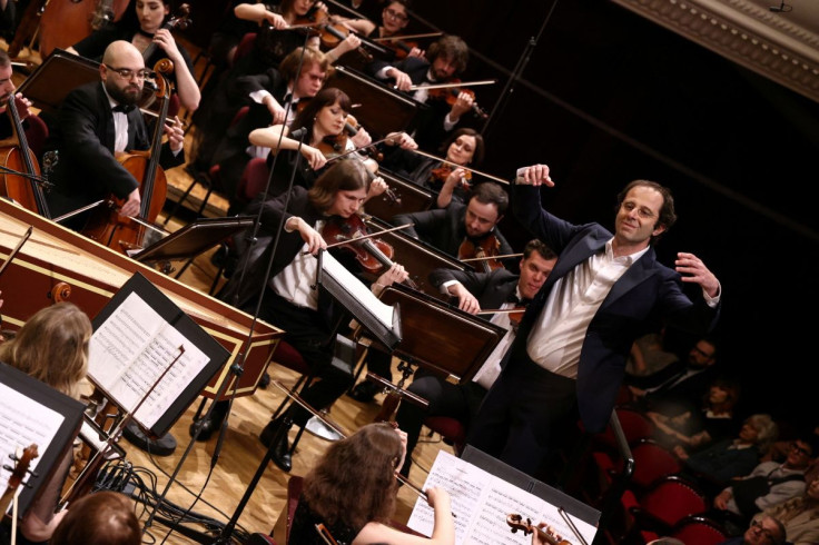 The Kyiv Symphony Orchestra performs in the first stop on a tour of Europe to bring attention to Russia's invasion of Ukraine, at the Warsaw Philharmonic in Warsaw, Poland April 21, 2022.