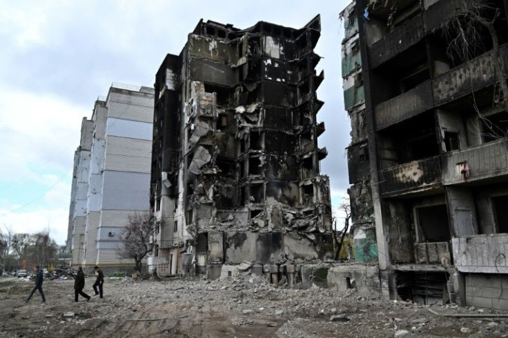 A series of high-rise apartment buildings in Borodianka were blasted and blackened -- and in some cases completely collapsed