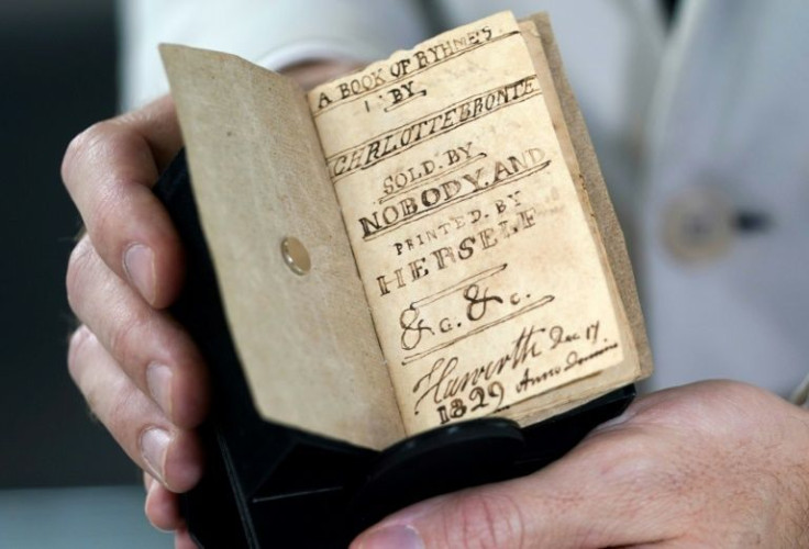 A miniature of the unpublished manuscript titled âA Book of Rhymes by Charlotte Bronte, Sold by Nobody, and Printed by Herself" written by English novelist and poet Charlotte Bronte on display at the New York Antiquarian Book Fair in New York City on Ap