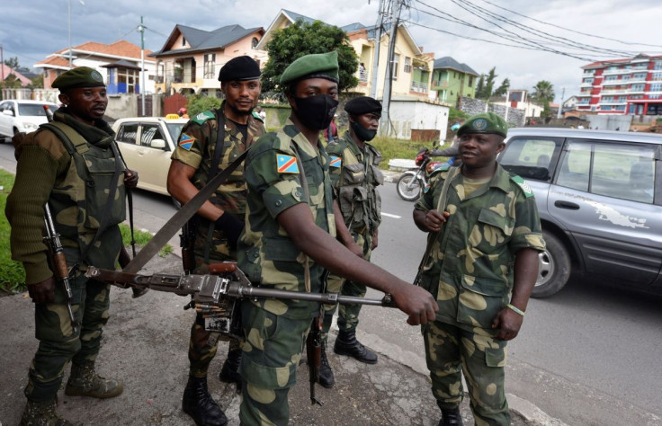Congolese soldiers are seen outside the governor's headquarters as the new military governor arrives to take charge in Goma, North Kivu province, in the Democratic Republic of Congo May 10, 2021. 