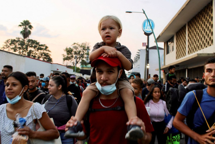 Migrants stranded in Tapachula take part in a caravan towards the U.S. after growing impatient of waiting for the humanitarian visa to cross the country, in Tapachula, Mexico April 16, 2022.